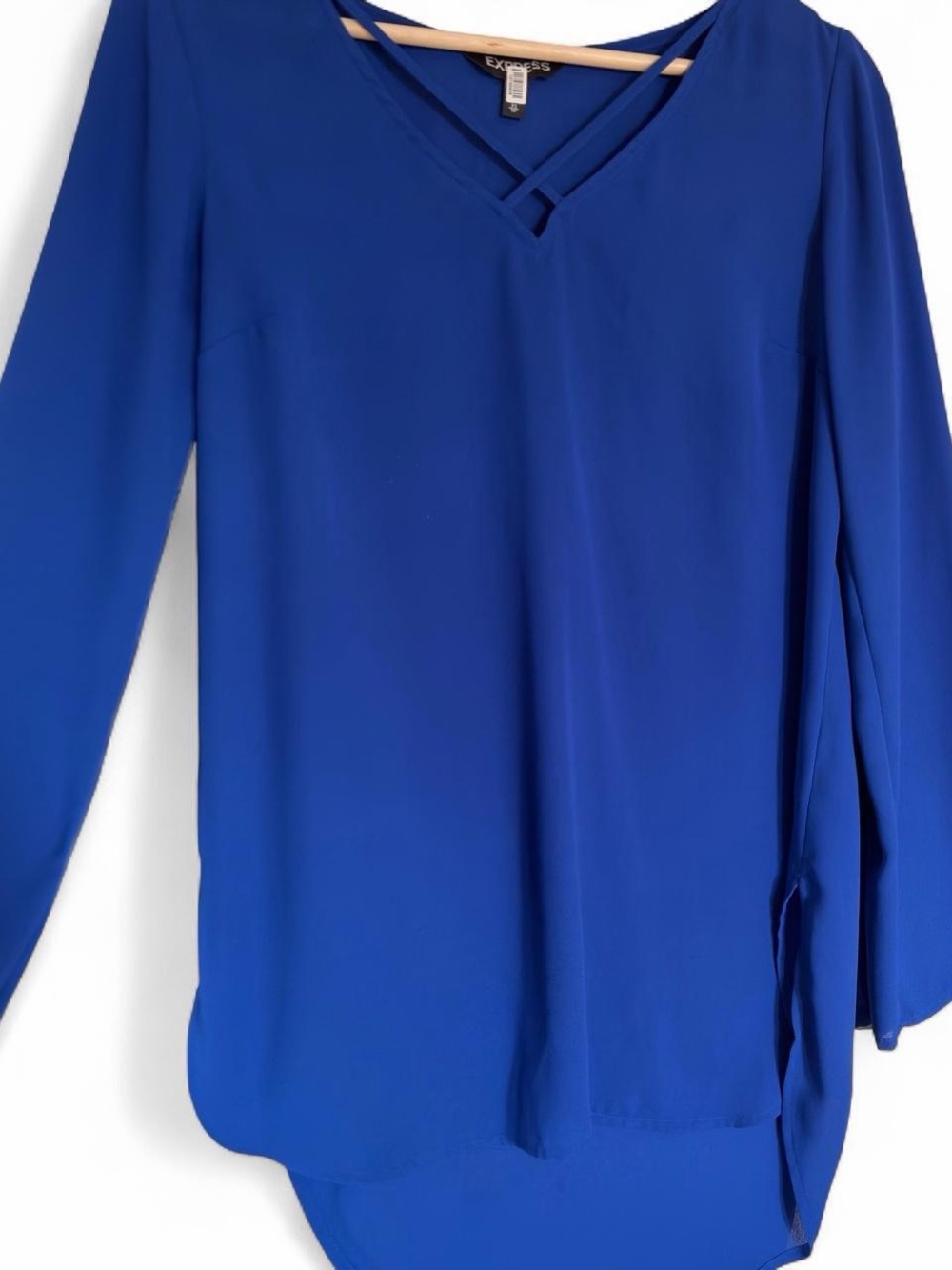 Express Women's Cobalt Blue Crisscross V-Neck Blouse - Picture 3 of 6